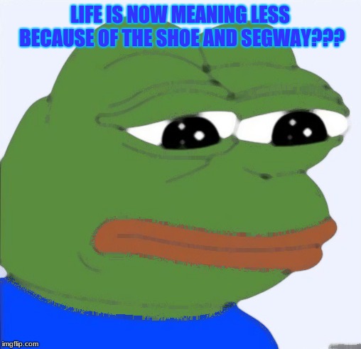 LIFE IS NOW MEANING LESS BECAUSE OF THE SHOE AND SEGWAY??? | image tagged in sad frog | made w/ Imgflip meme maker