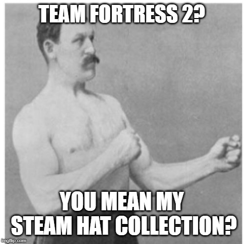 Overly-...Man.jpg | TEAM FORTRESS 2? YOU MEAN MY STEAM HAT COLLECTION? | image tagged in overly-manjpg | made w/ Imgflip meme maker