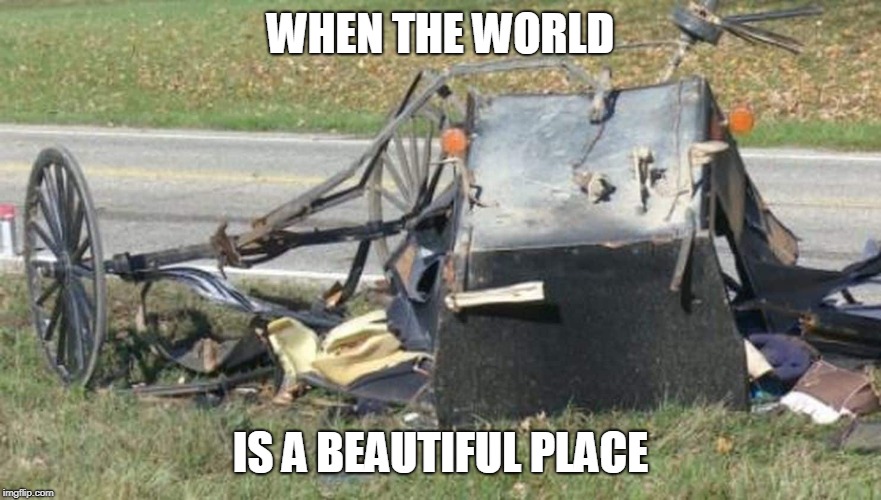 AMISH WRECK | WHEN THE WORLD; IS A BEAUTIFUL PLACE | image tagged in amish,crash,wreck | made w/ Imgflip meme maker