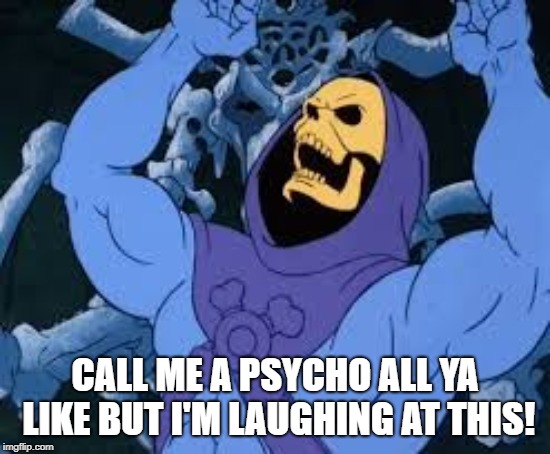 Evil Laugh Skeletor | CALL ME A PSYCHO ALL YA LIKE BUT I'M LAUGHING AT THIS! | image tagged in evil laugh skeletor | made w/ Imgflip meme maker