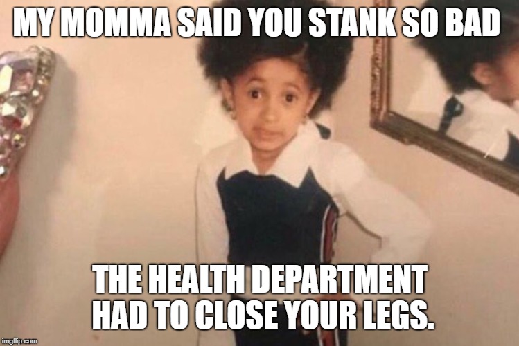 If you've never been to Dick's Last Resort...this makes little sense. | MY MOMMA SAID YOU STANK SO BAD; THE HEALTH DEPARTMENT HAD TO CLOSE YOUR LEGS. | image tagged in memes,young cardi b,funny,funny memes | made w/ Imgflip meme maker