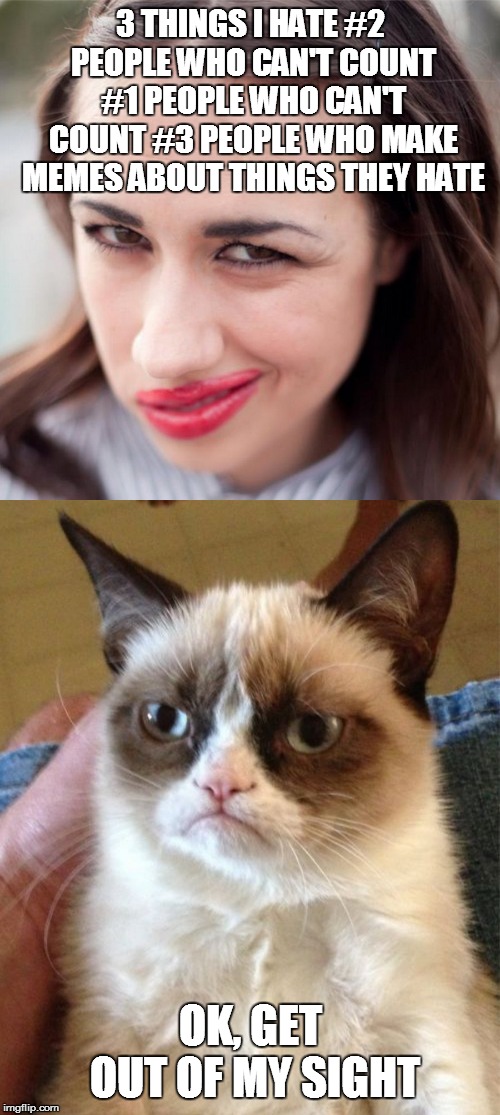 3 THINGS I HATE
#2 PEOPLE WHO CAN'T COUNT #1 PEOPLE WHO CAN'T COUNT #3 PEOPLE WHO MAKE MEMES ABOUT THINGS THEY HATE; OK, GET OUT OF MY SIGHT | image tagged in memes,grumpy cat,miranda sings | made w/ Imgflip meme maker