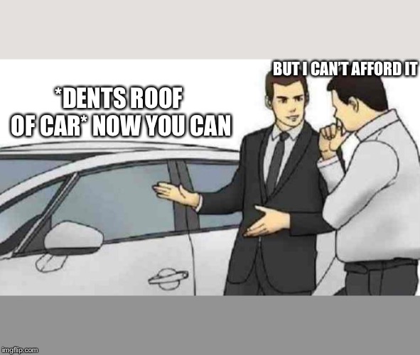 Car Salesman Slaps Roof Of Car | BUT I CAN’T AFFORD IT; *DENTS ROOF OF CAR* NOW YOU CAN | image tagged in memes,car salesman slaps roof of car | made w/ Imgflip meme maker
