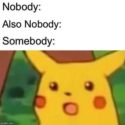 Surprised Pikachu | Nobody:; Also Nobody:; Somebody: | image tagged in memes,surprised pikachu | made w/ Imgflip meme maker