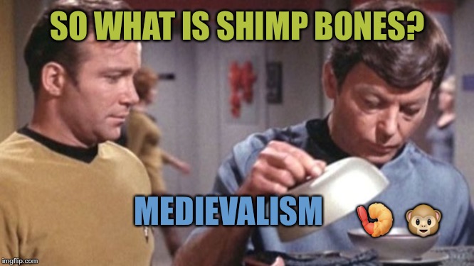 Kirky McCoy Soup De Spock Star Trek | SO WHAT IS SHIMP BONES? MEDIEVALISM; 🍤  🐵 | image tagged in kirky mccoy soup de spock star trek | made w/ Imgflip meme maker