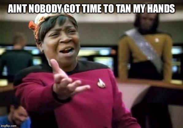 Aint nobody wtf time | AINT NOBODY GOT TIME TO TAN MY HANDS | image tagged in aint nobody wtf time | made w/ Imgflip meme maker
