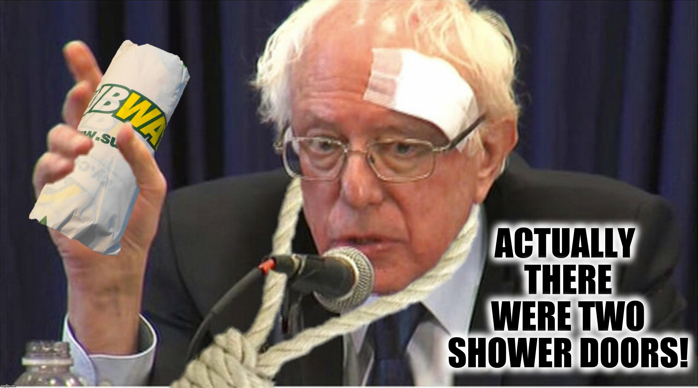 The face you make when you turn the bleach white | ACTUALLY THERE WERE TWO SHOWER DOORS! | image tagged in bernie sanders,shower door,subway,noose | made w/ Imgflip meme maker