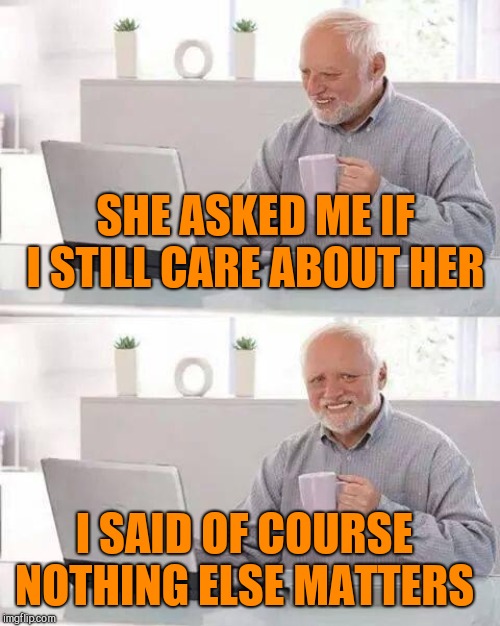 Hide the Pain Harold Meme | SHE ASKED ME IF I STILL CARE ABOUT HER I SAID OF COURSE NOTHING ELSE MATTERS | image tagged in memes,hide the pain harold | made w/ Imgflip meme maker