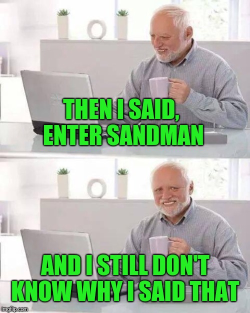 Hide the Pain Harold Meme | THEN I SAID, ENTER SANDMAN AND I STILL DON'T KNOW WHY I SAID THAT | image tagged in memes,hide the pain harold | made w/ Imgflip meme maker