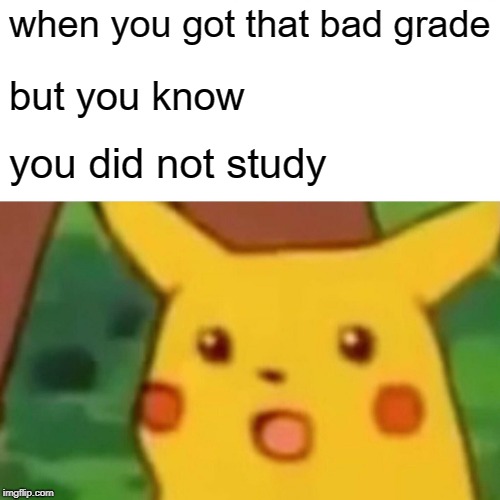 Surprised Pikachu | when you got that bad grade; but you know; you did not study | image tagged in memes,surprised pikachu | made w/ Imgflip meme maker