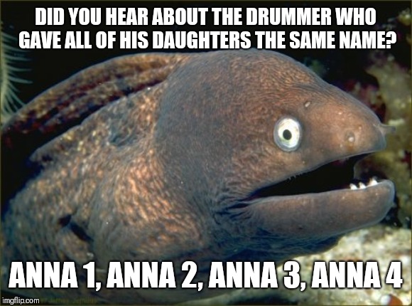 drummer's daughters | DID YOU HEAR ABOUT THE DRUMMER WHO GAVE ALL OF HIS DAUGHTERS THE SAME NAME? ANNA 1, ANNA 2, ANNA 3, ANNA 4 | image tagged in memes,bad joke eel | made w/ Imgflip meme maker
