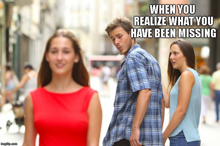 Distracted Boyfriend Meme | WHEN YOU REALIZE WHAT YOU HAVE BEEN MISSING | image tagged in memes,distracted boyfriend | made w/ Imgflip meme maker