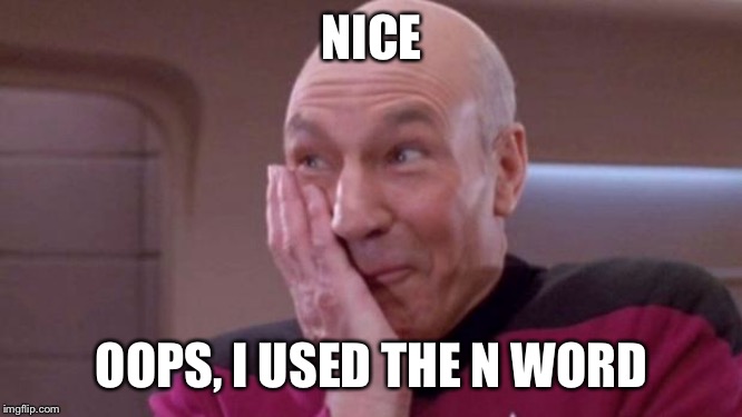 picard oops | NICE OOPS, I USED THE N WORD | image tagged in picard oops | made w/ Imgflip meme maker