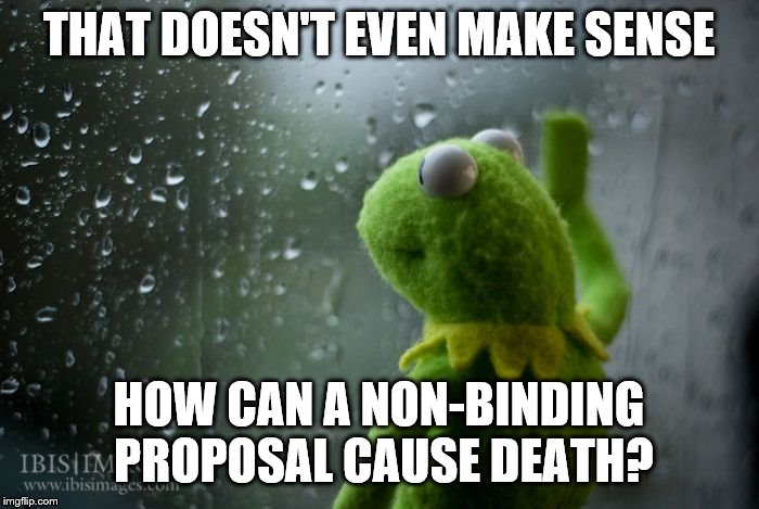 kermit window | THAT DOESN'T EVEN MAKE SENSE HOW CAN A NON-BINDING PROPOSAL CAUSE DEATH? | image tagged in kermit window | made w/ Imgflip meme maker