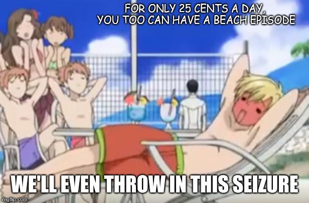 FOR ONLY 25 CENTS A DAY, YOU TOO CAN HAVE A BEACH EPISODE; WE'LL EVEN THROW IN THIS SEIZURE | image tagged in god save us all | made w/ Imgflip meme maker