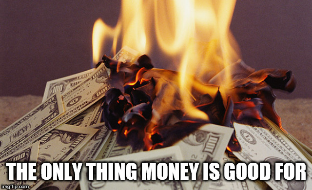 Burning money | THE ONLY THING MONEY IS GOOD FOR | image tagged in burning money,anti money,money,no more money,burn,burn baby burn | made w/ Imgflip meme maker