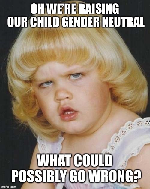 Transgender Baby | OH WE’RE RAISING OUR CHILD GENDER NEUTRAL; WHAT COULD POSSIBLY GO WRONG? | image tagged in transgender baby | made w/ Imgflip meme maker