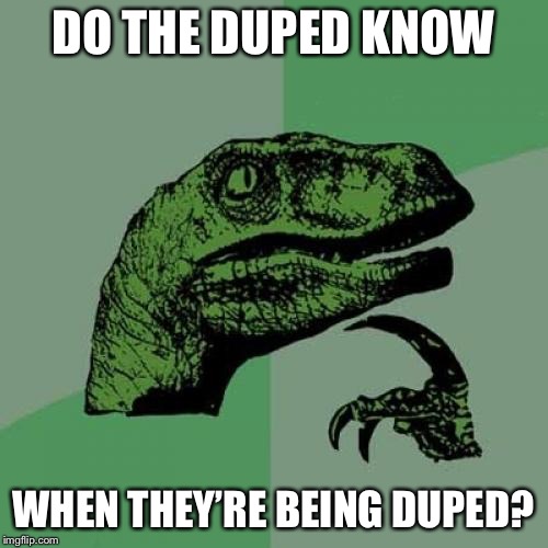 How do you know you’re being hoodwinked? | DO THE DUPED KNOW; WHEN THEY’RE BEING DUPED? | image tagged in memes,philosoraptor,duped,hoodwinked,fooled | made w/ Imgflip meme maker