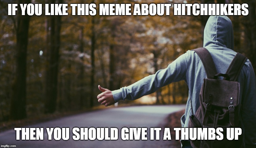 Hitch a ride! | IF YOU LIKE THIS MEME ABOUT HITCHHIKERS; THEN YOU SHOULD GIVE IT A THUMBS UP | image tagged in hitchhiker,funny,memes,thumbs up,road,memelord344 | made w/ Imgflip meme maker