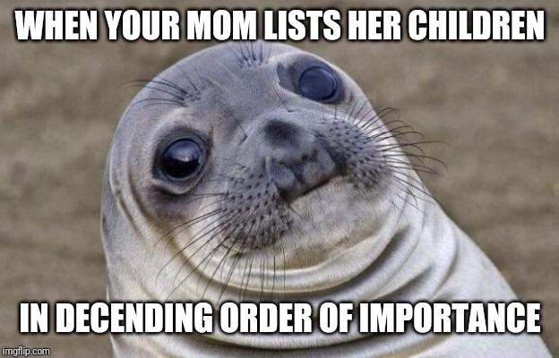 Awkward Moment Sealion | WHEN YOUR MOM LISTS HER CHILDREN; IN DECENDING ORDER OF IMPORTANCE | image tagged in memes,awkward moment sealion | made w/ Imgflip meme maker