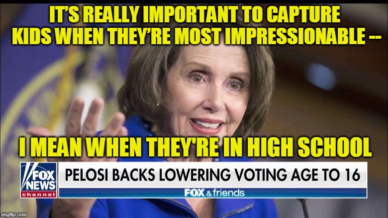 Democrat Kidnapping | IT’S REALLY IMPORTANT TO CAPTURE KIDS WHEN THEY’RE MOST IMPRESSIONABLE --; I MEAN WHEN THEY'RE IN HIGH SCHOOL | image tagged in nancy pelosi,16-year-old vote | made w/ Imgflip meme maker