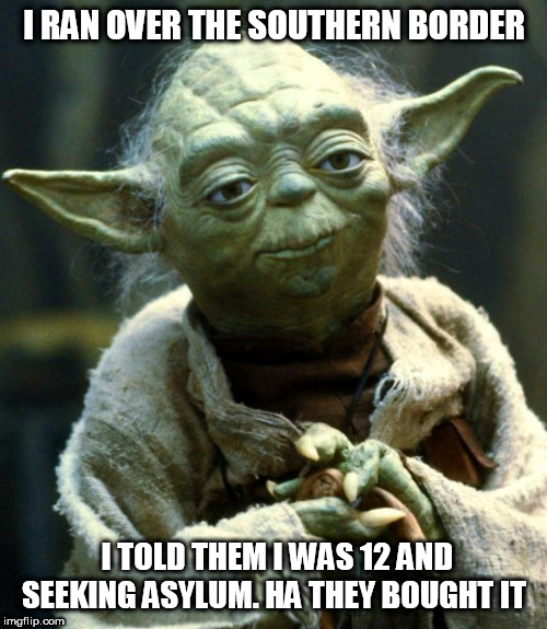 Star Wars Yoda | I RAN OVER THE SOUTHERN BORDER; I TOLD THEM I WAS 12 AND SEEKING ASYLUM. HA THEY BOUGHT IT | image tagged in memes,star wars yoda | made w/ Imgflip meme maker