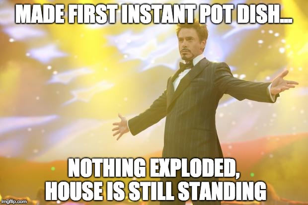 Tony Stark success |  MADE FIRST INSTANT POT DISH... NOTHING EXPLODED, HOUSE IS STILL STANDING | image tagged in tony stark success | made w/ Imgflip meme maker