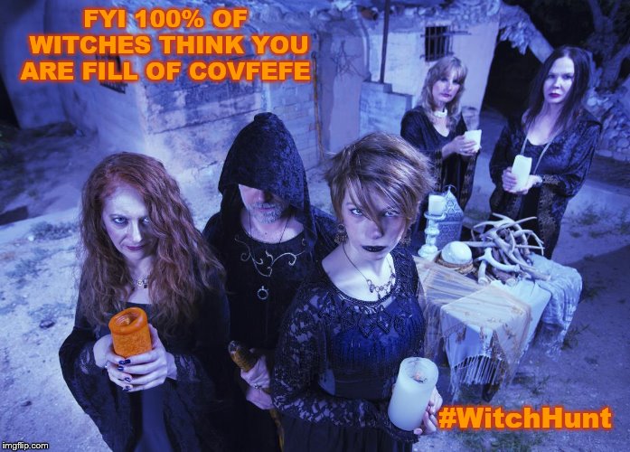 FYI 100% OF WITCHES THINK YOU ARE FILL OF COVFEFE; #WitchHunt | image tagged in witchhunt,donaldtrump | made w/ Imgflip meme maker