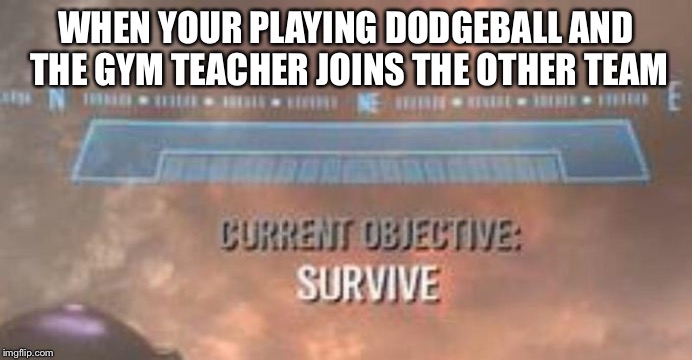Current Objective: Survive | WHEN YOUR PLAYING DODGEBALL AND THE GYM TEACHER JOINS THE OTHER TEAM | image tagged in current objective survive | made w/ Imgflip meme maker