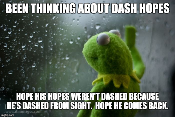 kermit window | BEEN THINKING ABOUT DASH HOPES; HOPE HIS HOPES WEREN'T DASHED BECAUSE HE'S DASHED FROM SIGHT.  HOPE HE COMES BACK. | image tagged in kermit window | made w/ Imgflip meme maker