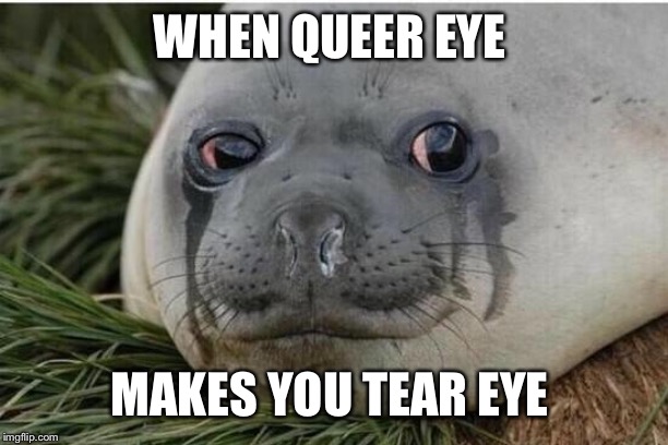 Crying Seal | WHEN QUEER EYE; MAKES YOU TEAR EYE | image tagged in crying seal | made w/ Imgflip meme maker
