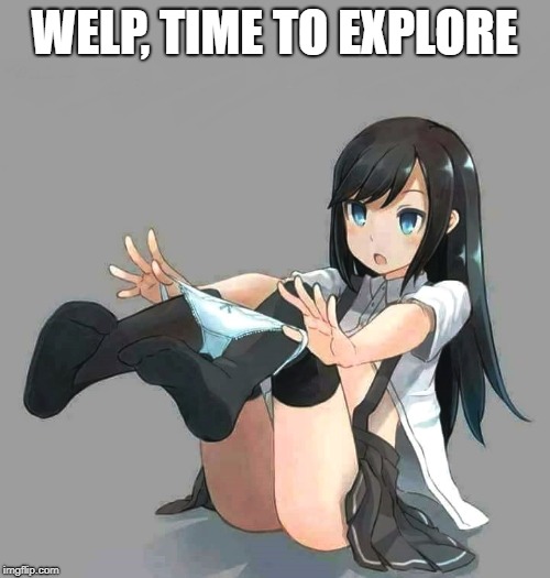 Anime schoolgirl pulling panties off | WELP, TIME TO EXPLORE | image tagged in anime schoolgirl pulling panties off | made w/ Imgflip meme maker