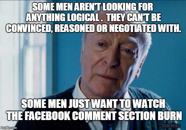 Watch the Facebook Comments Section Burn | SOME MEN AREN'T LOOKING FOR ANYTHING LOGICAL .  THEY CAN'T BE CONVINCED, REASONED OR NEGOTIATED WITH. SOME MEN JUST WANT TO WATCH THE FACEBOOK COMMENT SECTION BURN; SSHEPARD | image tagged in alfred,facebook,troll,burn,watch the world burn,comment section | made w/ Imgflip meme maker