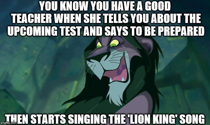This actually happened in class... |  YOU KNOW YOU HAVE A GOOD TEACHER WHEN SHE TELLS YOU ABOUT THE UPCOMING TEST AND SAYS TO BE PREPARED; THEN STARTS SINGING THE 'LION KING' SONG | image tagged in scar be prepared | made w/ Imgflip meme maker