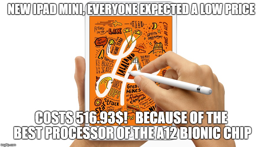 NEW IPAD MINI, EVERYONE EXPECTED A LOW PRICE; COSTS 516.93$!   BECAUSE OF THE BEST PROCESSOR OF THE A12 BIONIC CHIP | image tagged in apple,ipad,ipad mini,iphone,mac,imac | made w/ Imgflip meme maker
