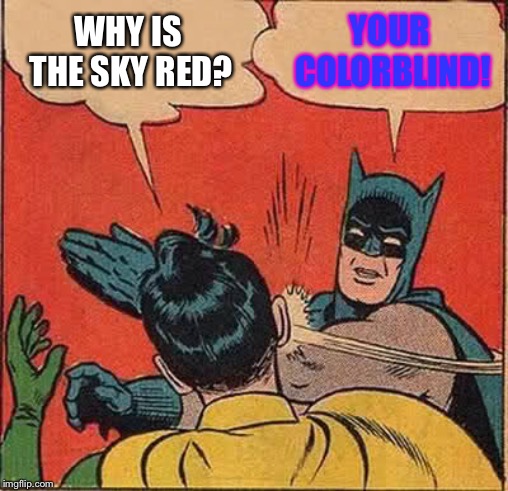 Batman Slapping Robin Meme | WHY IS THE SKY RED? YOUR COLORBLIND! | image tagged in memes,batman slapping robin | made w/ Imgflip meme maker