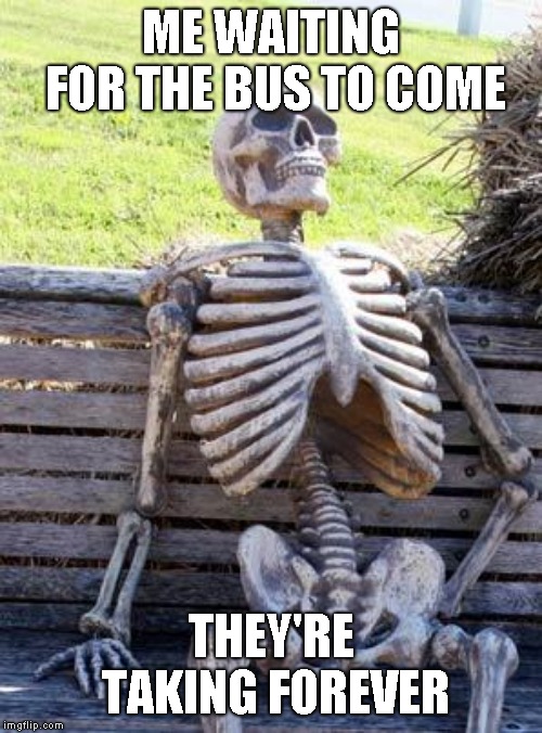 Waiting Skeleton | ME WAITING FOR THE BUS TO COME; THEY'RE TAKING FOREVER | image tagged in memes,waiting skeleton | made w/ Imgflip meme maker