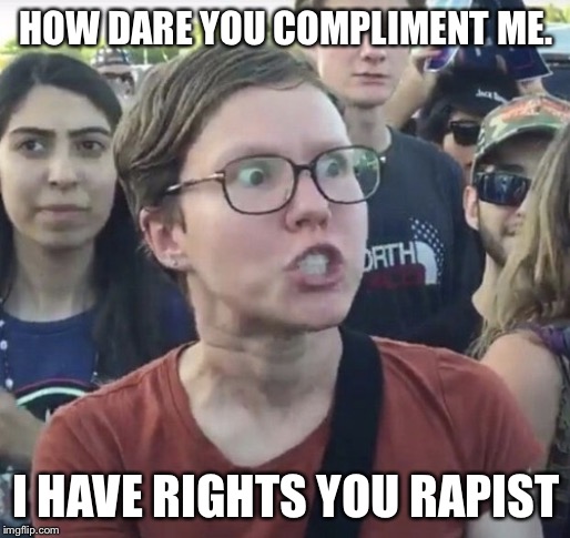 Triggered feminist | HOW DARE YOU COMPLIMENT ME. I HAVE RIGHTS YOU RAPIST | image tagged in triggered feminist,memes | made w/ Imgflip meme maker