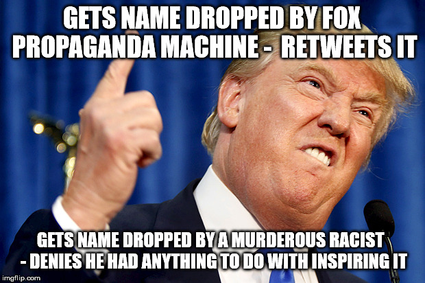 Donald Trump | GETS NAME DROPPED BY FOX PROPAGANDA MACHINE -  RETWEETS IT; GETS NAME DROPPED BY A MURDEROUS RACIST  - DENIES HE HAD ANYTHING TO DO WITH INSPIRING IT | image tagged in donald trump | made w/ Imgflip meme maker