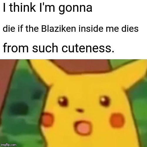 Surprised Pikachu Meme | I think I'm gonna die if the Blaziken inside me dies from such cuteness. | image tagged in memes,surprised pikachu | made w/ Imgflip meme maker