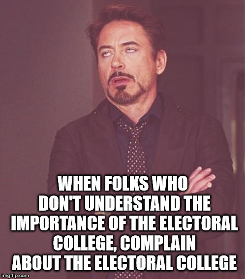 The wisdom of the Founding Fathers is still completely relevant today.  Only sore losers want popular vote of presidents. | WHEN FOLKS WHO DON'T UNDERSTAND THE IMPORTANCE OF THE ELECTORAL COLLEGE, COMPLAIN ABOUT THE ELECTORAL COLLEGE | image tagged in memes,face you make robert downey jr,electoral college | made w/ Imgflip meme maker