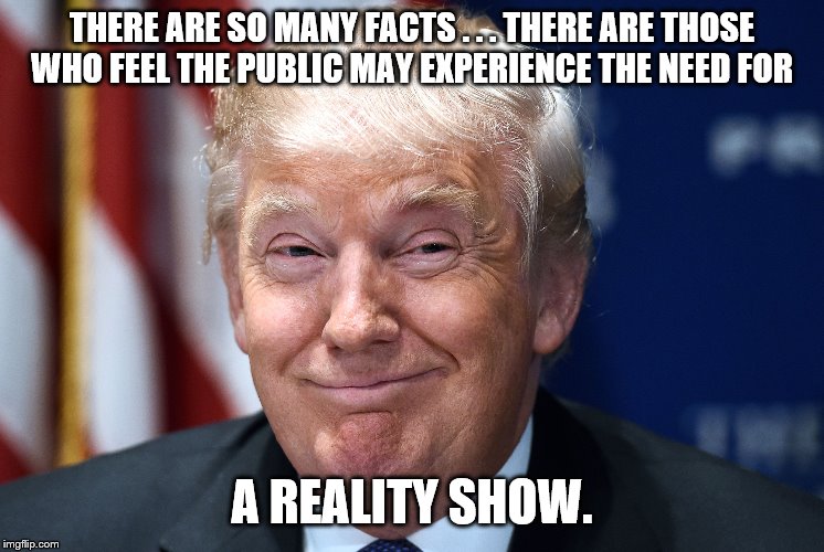 Trump smiles | THERE ARE SO MANY FACTS . . . THERE ARE THOSE  WHO FEEL THE PUBLIC MAY EXPERIENCE THE NEED FOR A REALITY SHOW. | image tagged in trump smiles | made w/ Imgflip meme maker