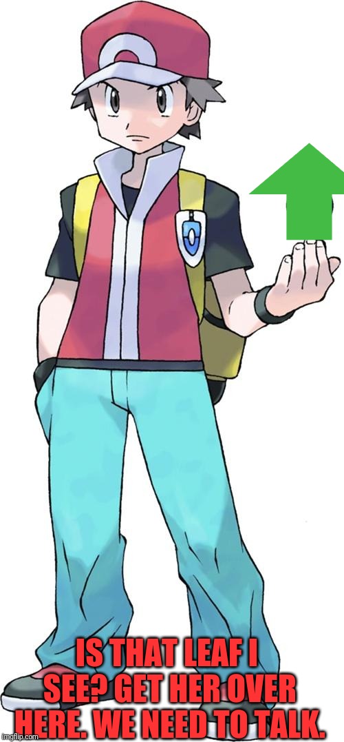 Pokemon trainer | IS THAT LEAF I SEE? GET HER OVER HERE. WE NEED TO TALK. | image tagged in pokemon trainer | made w/ Imgflip meme maker