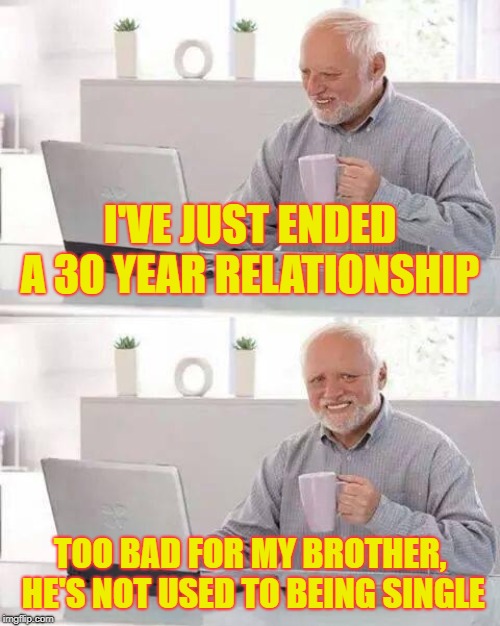 Hide the Pain Harold Meme | I'VE JUST ENDED A 30 YEAR RELATIONSHIP; TOO BAD FOR MY BROTHER, HE'S NOT USED TO BEING SINGLE | image tagged in memes,hide the pain harold | made w/ Imgflip meme maker