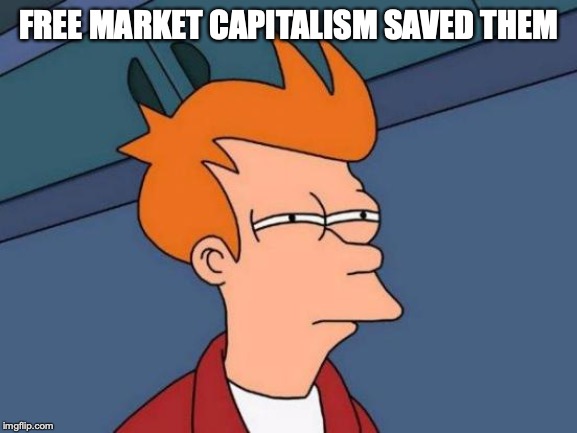 Futurama Fry Meme | FREE MARKET CAPITALISM SAVED THEM | image tagged in memes,futurama fry | made w/ Imgflip meme maker