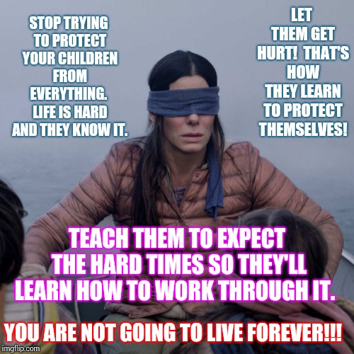 This Will Hurt Me More Than It Hurts You My Eye! | LET THEM GET HURT!  THAT'S HOW THEY LEARN TO PROTECT THEMSELVES! STOP TRYING TO PROTECT YOUR CHILDREN FROM EVERYTHING.  LIFE IS HARD AND THEY KNOW IT. TEACH THEM TO EXPECT THE HARD TIMES SO THEY'LL LEARN HOW TO WORK THROUGH IT. YOU ARE NOT GOING TO LIVE FOREVER!!! | image tagged in memes,bird box,parenting,parents,mother,father | made w/ Imgflip meme maker