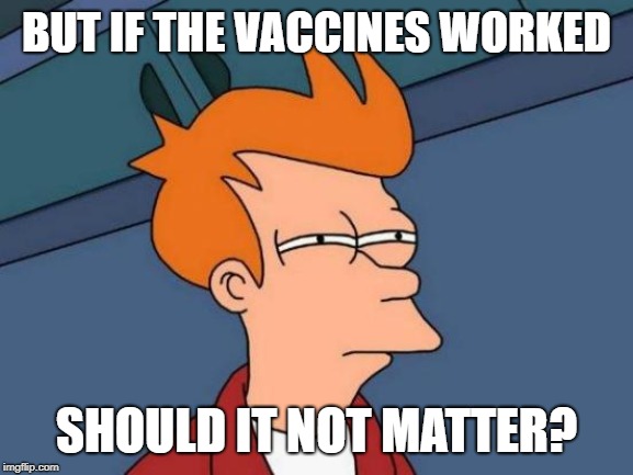 Futurama Fry Meme | BUT IF THE VACCINES WORKED SHOULD IT NOT MATTER? | image tagged in memes,futurama fry | made w/ Imgflip meme maker
