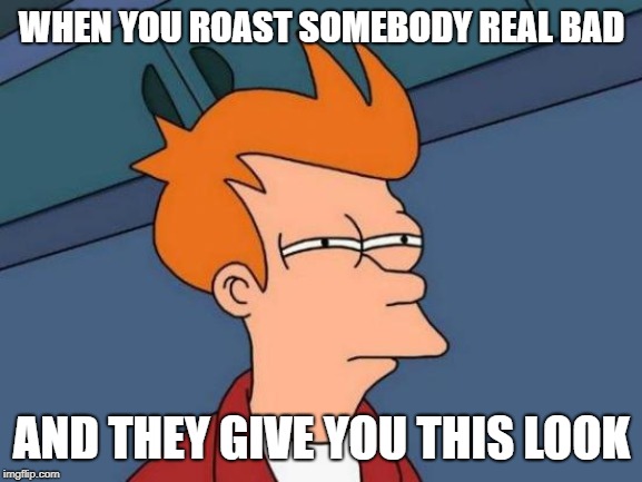 Futurama Fry | WHEN YOU ROAST SOMEBODY REAL BAD; AND THEY GIVE YOU THIS LOOK | image tagged in memes,futurama fry | made w/ Imgflip meme maker