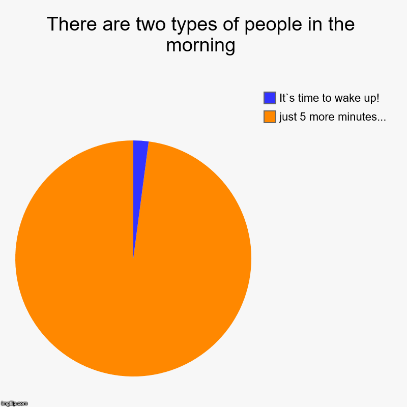 There are two types of people in the morning | just 5 more minutes..., It`s time to wake up! | image tagged in charts,pie charts | made w/ Imgflip chart maker