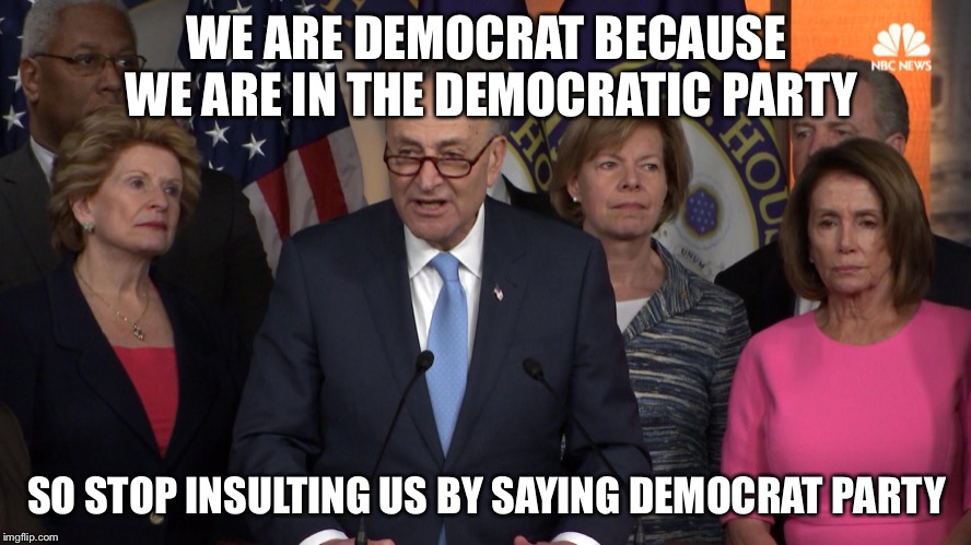 Democrat congressmen | WE ARE DEMOCRAT BECAUSE WE ARE IN THE DEMOCRATIC PARTY; SO STOP INSULTING US BY SAYING DEMOCRAT PARTY | image tagged in democrat congressmen | made w/ Imgflip meme maker